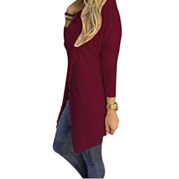 Burgundy Red Tassel Fringe One Button Tunic - Picture 2 of 3
